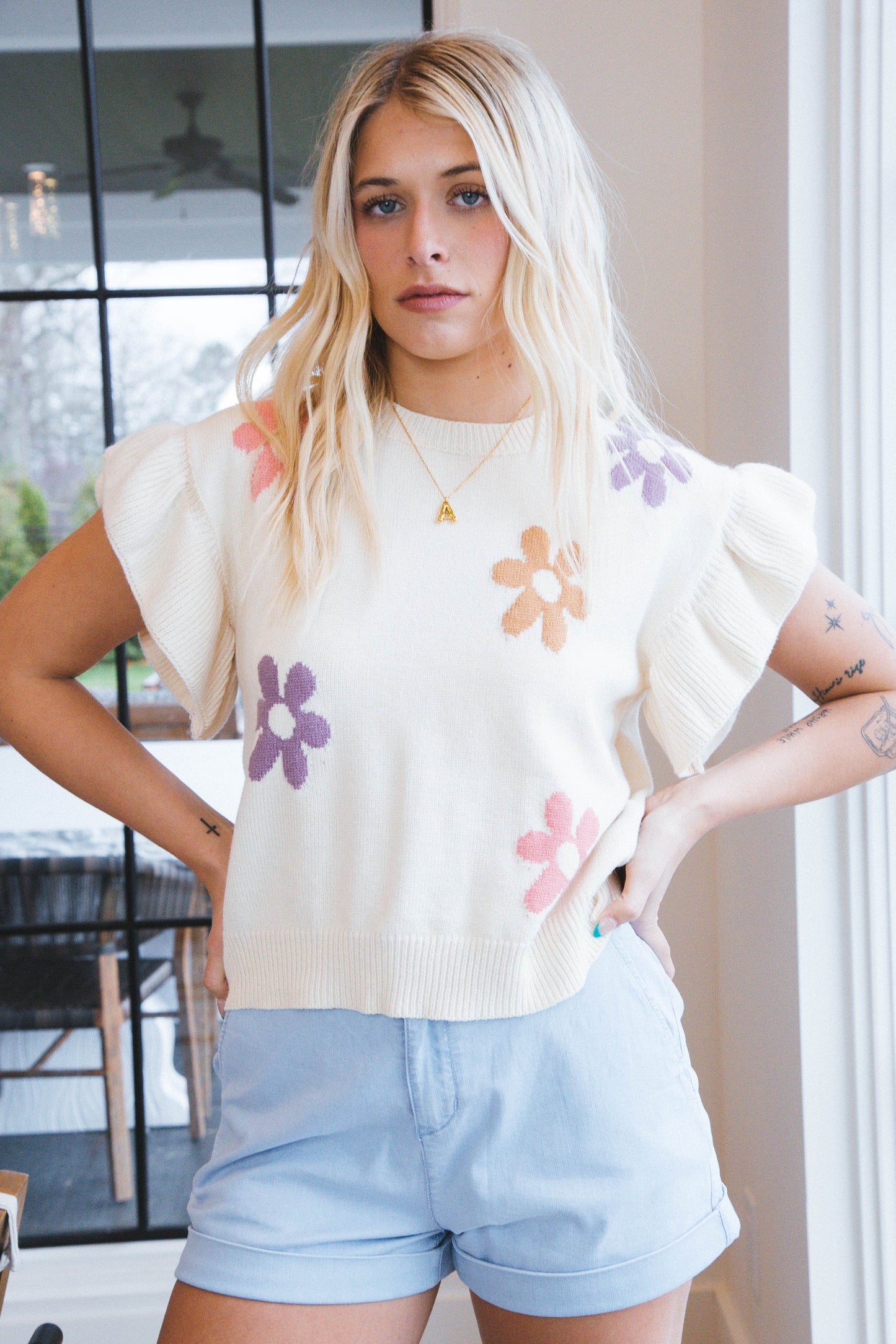 Anastasia Ruffle Sleeve Knit Top, Cream Multi