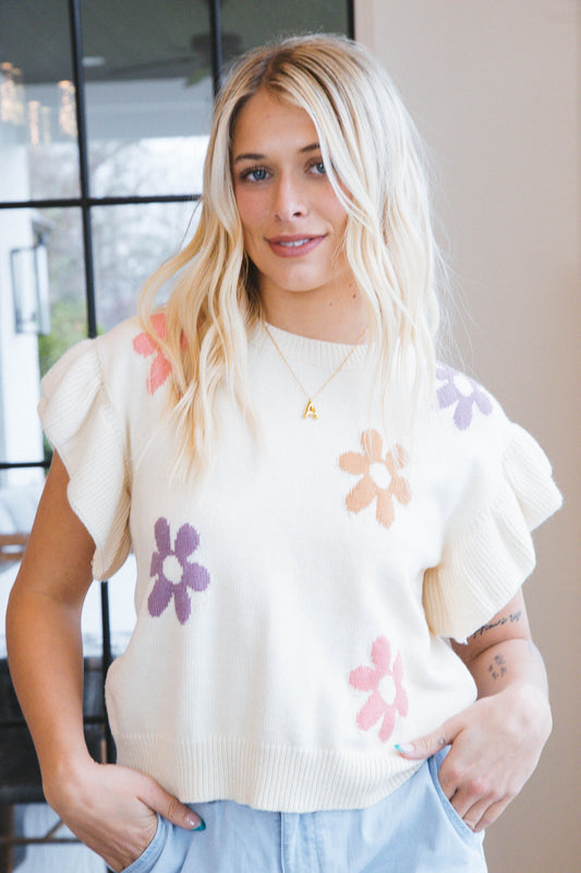 Anastasia Ruffle Sleeve Knit Top, Cream Multi