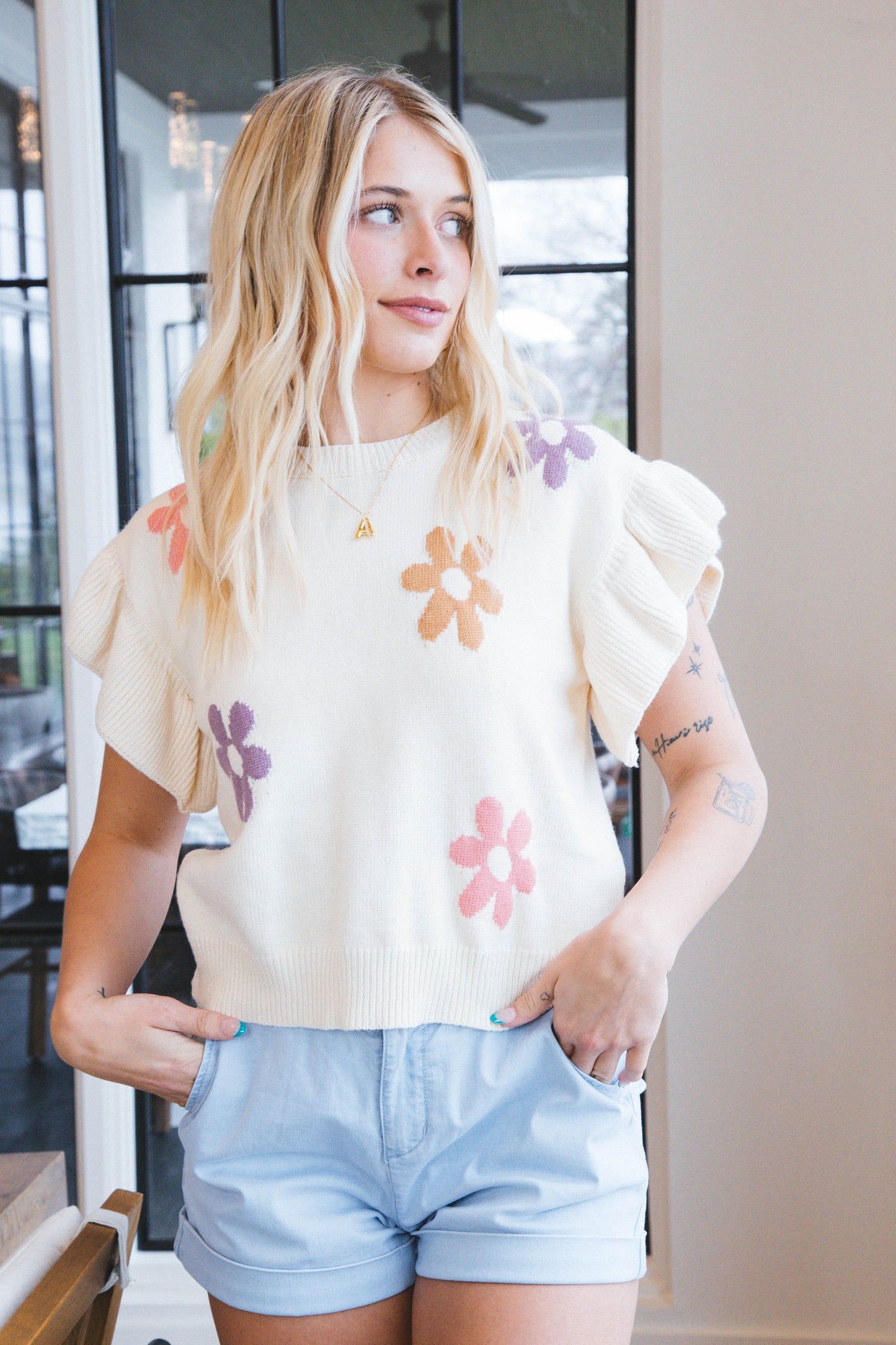 Anastasia Ruffle Sleeve Knit Top, Cream Multi